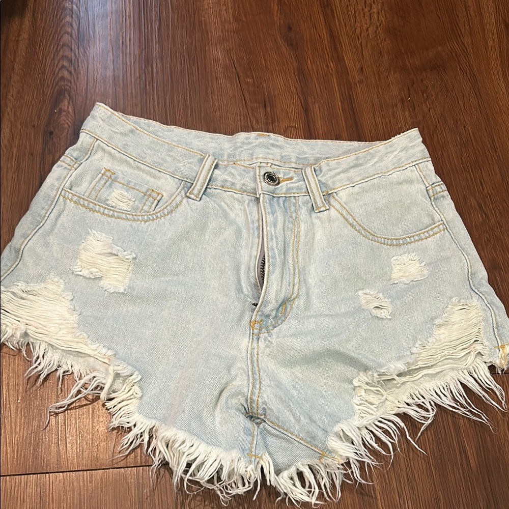 SHEIN Light Blue Frayed Hem Jean Shorts